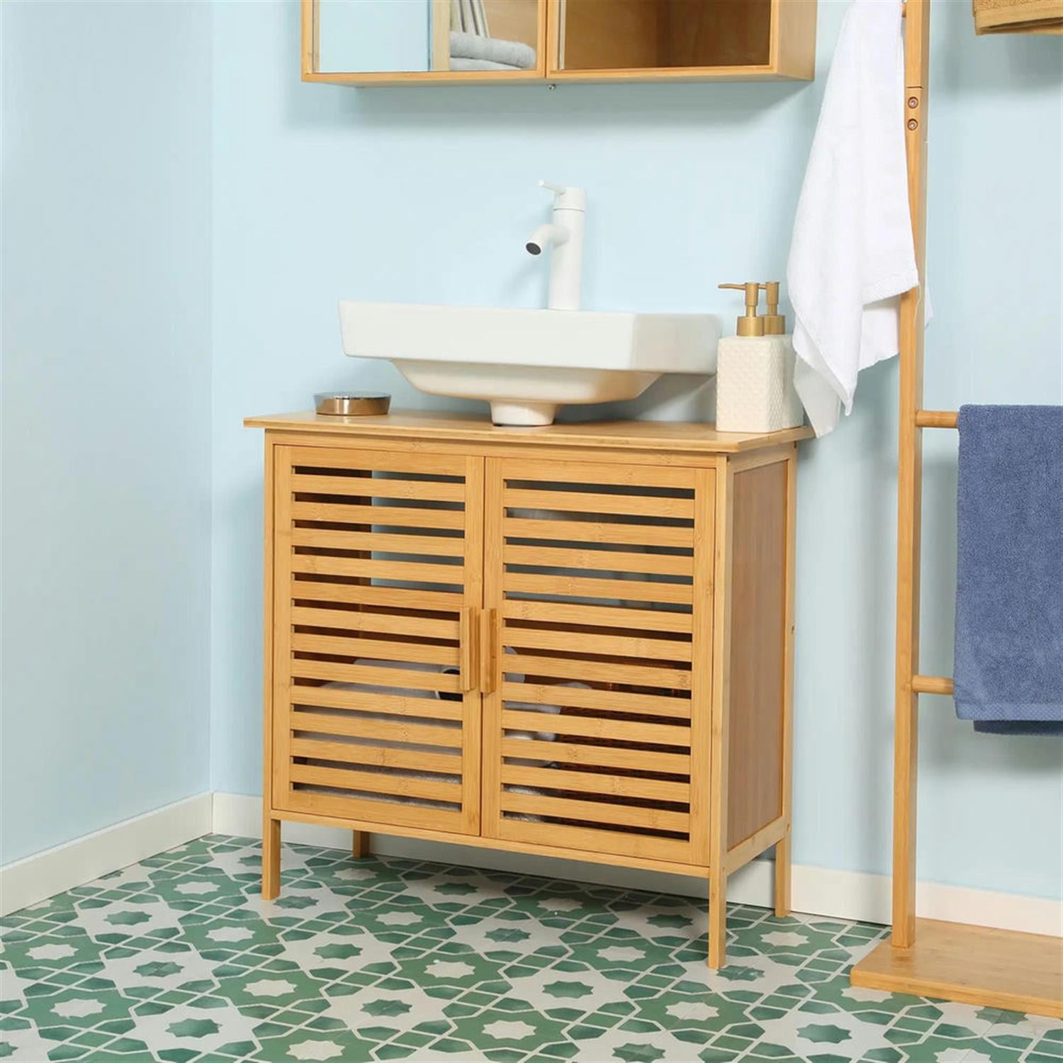 Demi Bonn 23" Bamboo Bathroom Vanity with U-Shape Cut-Out and Slatted Doors, Pedestal Sink 2-Door Cabinet, Under Sink Cabinet, Brown