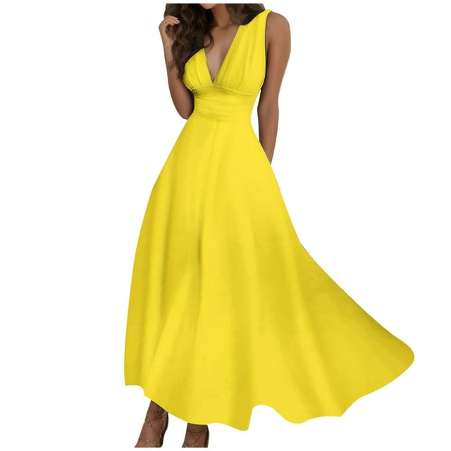 Women's Spring Summer V-Neck Sleeveless Side Zipper Long Dress - Pleated Polyester, Fashionable for Work & Night Out