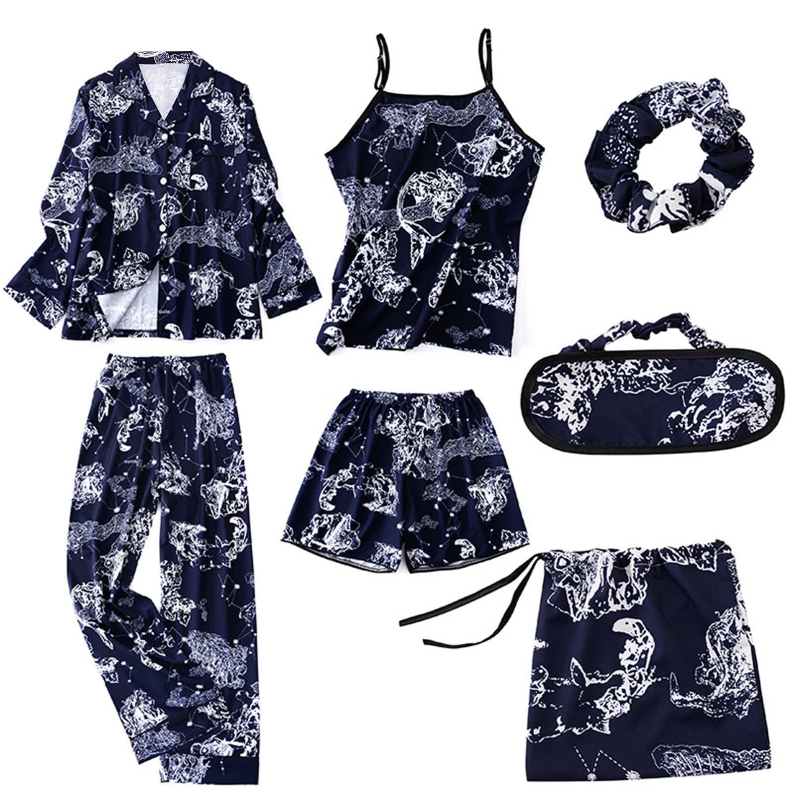 PEASKJP Womens Summer Pajamas Set Short Sleeve Top with Shorts Pajama Set Ultra Soft Lounge Sleepwear Navy L