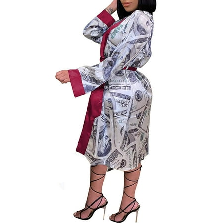 

Women s V-Neck Dollar Print Silk Satin Kimono Robes Sleepwear with Belt