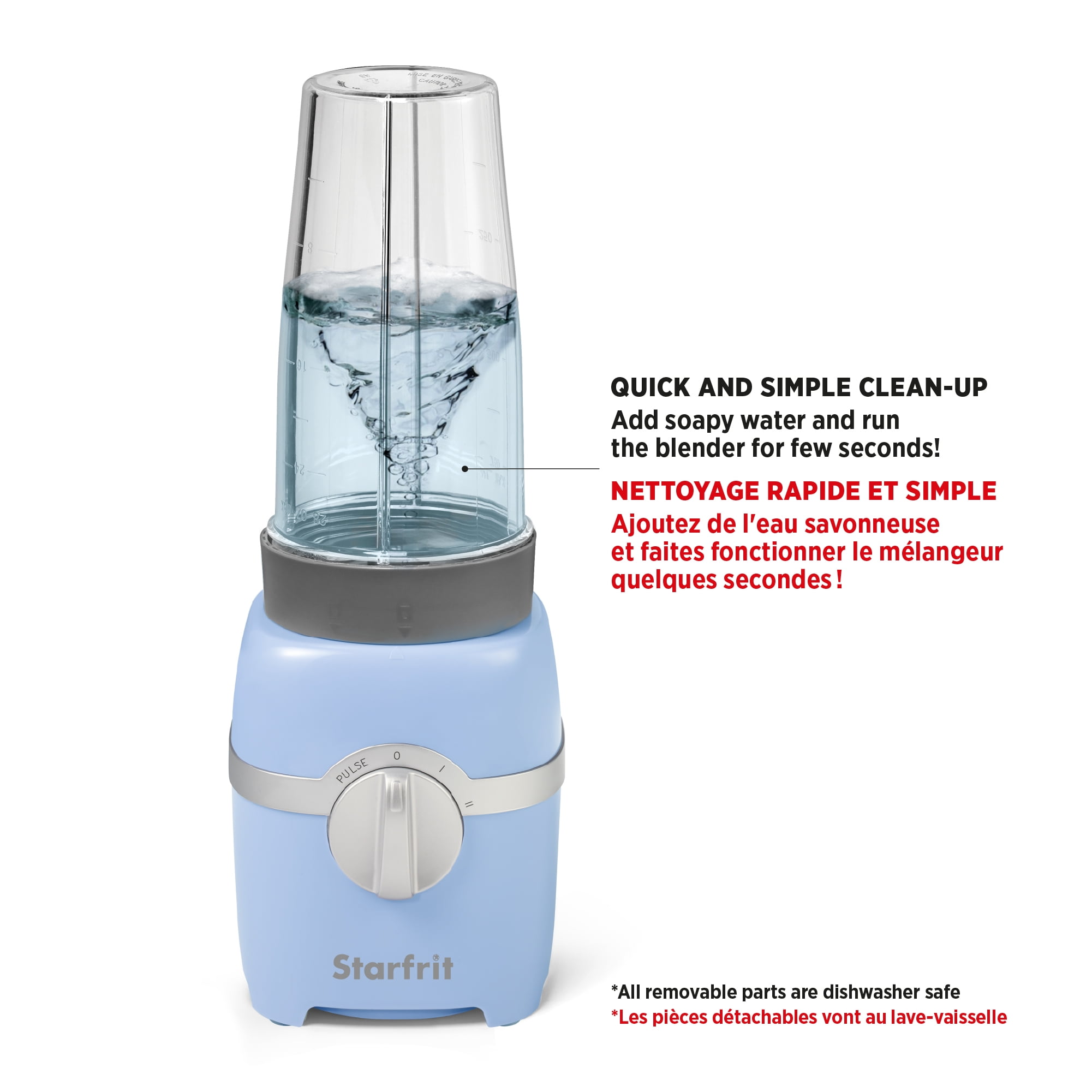 Starfrit 7 pcs  Personal Blender, 2 x 28oz (828ml) cups, 2 x travel lids, 2 blades, 3 speed modes: Low, High & Pulse, 300W, Blend smoothies, shakes, and soups with ease! The Starfrit Personal Blender has a 300W motor, 3 speeds, 2 tumblers with lids, and safety features. Dishwasher-safe and BPA-free for quick, safe, and convenient use.