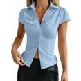 thumbnail image 3 of Women'S Ruched Button Up Blouses Collar V Neck Short Sleeve Work Shirts Blue S, 3 of 7