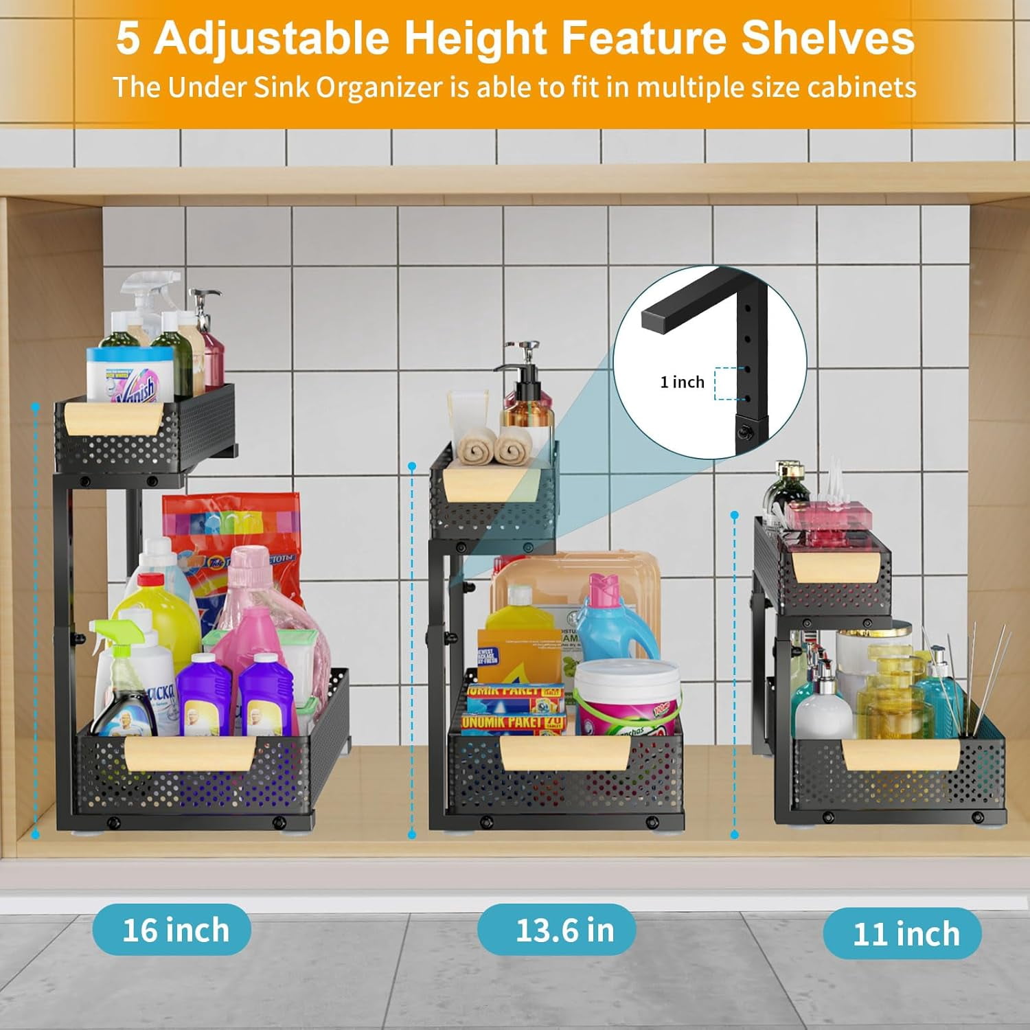 Under Sink Organizers and Storage,2 PACK 5 Height Adjustable Kitchen Cabinet Organizer,2 Tiers Pull Out Drawer Shelves Metal Slide Tray Organizer for Kitchen Bathroom