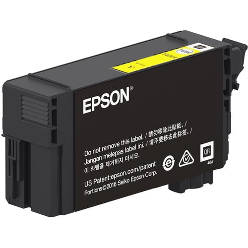 cartucho de tinta epson t40v amarillo rendimiento estándar t40v420 cartucho amarillo 26 ml con carcasa rectangular negra, etiqueta amarilla superior y logotipo EPSON blanco en el costado, texto multilingüe impreso y conectores plásticos visibles; se vende en presentación de 1 pieza y suele usarse como repuesto individual.