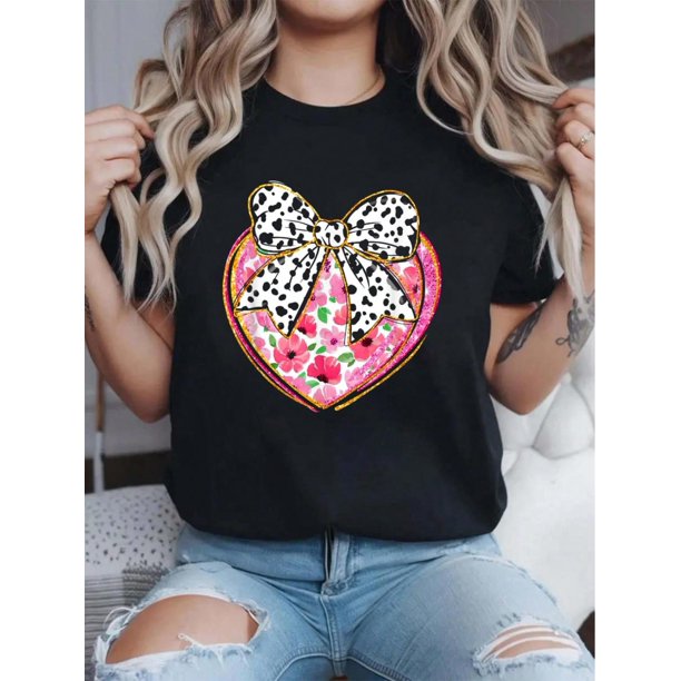100% Cotton Candy Heart Bow Coquette Flowers Pink Valentine's Day T-Shirt Print Crew Neck T-Shirt, Women Graphic T Shirts, Casual Short Sleeve T-Shirt For Spring & Summer, Women's Clothing