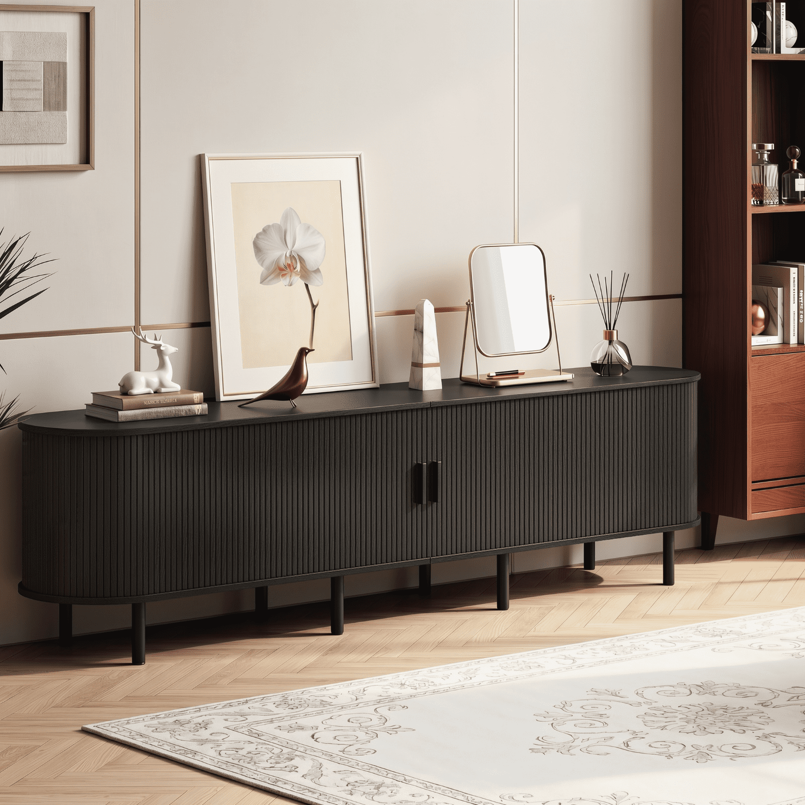 ROGALIS 86.6-Inch TV Stand with Built-in Power Outlet, Compatible with TVs Up to 90 Inches, Modern Entertainment Center with Adjustable Shelves, Storage Space, and Sliding Doors, Black