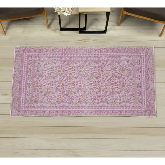 Vintage Decorative Rug, Pastel Blossoming and Burgeoning Ethnic Flowers in Bohemian Details, Quality Carpet for Bedroom Dorm and Living Room, 6 Sizes, Pale Fuchsia, by Ambesonne
