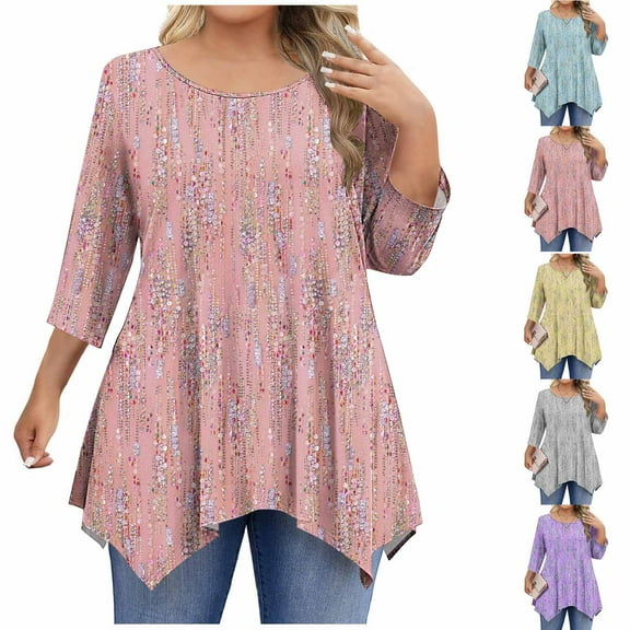 Elvqul Womens Tops Red Dressy Plus Size Blouses Crewneck Loose 3/4 Sleeve Oversized Tunic Shirts for Ladies