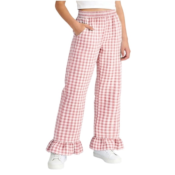dazeni Girls Gingham Pants Kids Casual Elastic High Waist Plaid Trousers Soft Ruffle Hem Wide Leg Pants with Pockets Pink 9-10 Years