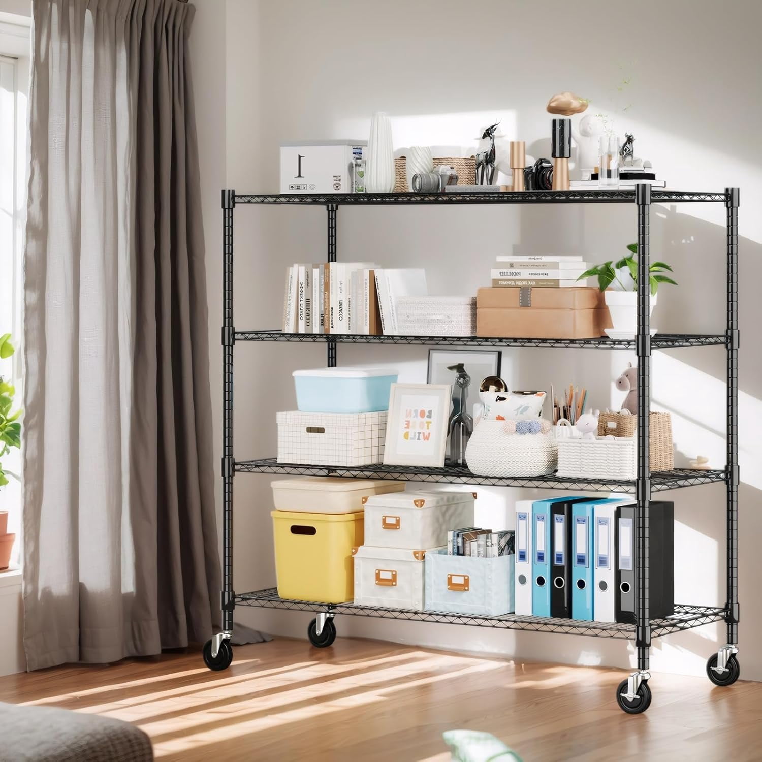 Sailvan 48"W x 18"D x 72"H Heavy Duty Wire Shelving Unit, 2600LBS Capacity 4-Tier Metal Storage Shelves with Wheels, Adjustable Garage Rack,Black