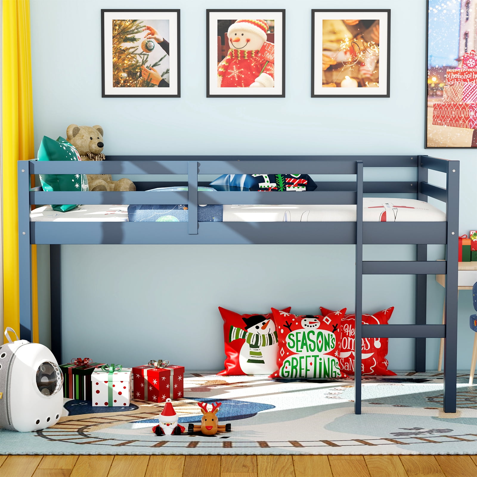 Miniyam Wood Twin Size Loft Bed for Kids, Space-Saving Design, Blue
