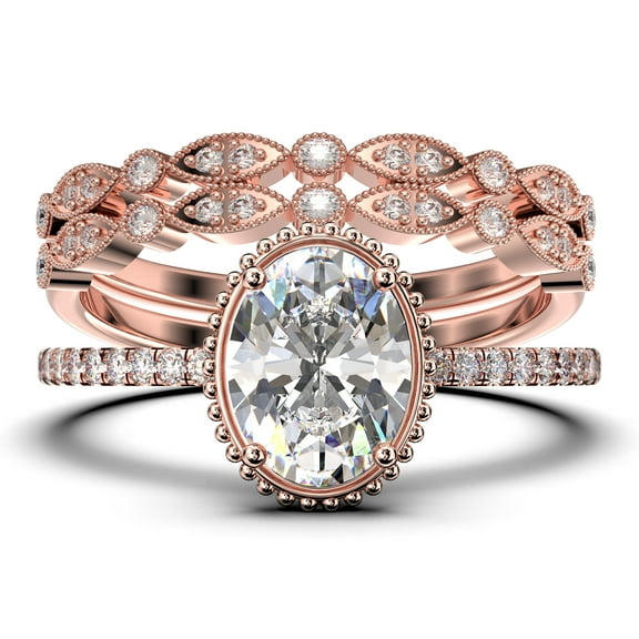 Gorgeous Minimalist 2.50 Carat Oval Cut Diamond Moissanite Engagement Ring, Floral Wedding Ring, Two Matching Band in 10k Solid Rose Gold, Gift For Her, Promise Ring, Anniversary Ring