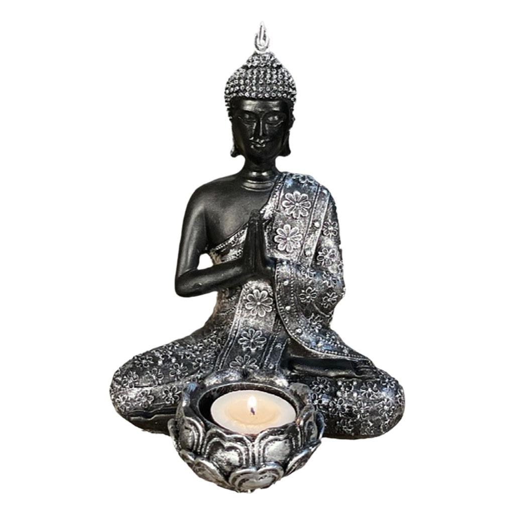 Silver Effect Seated Buddha Figurine Single Tea Light Candle Holder 