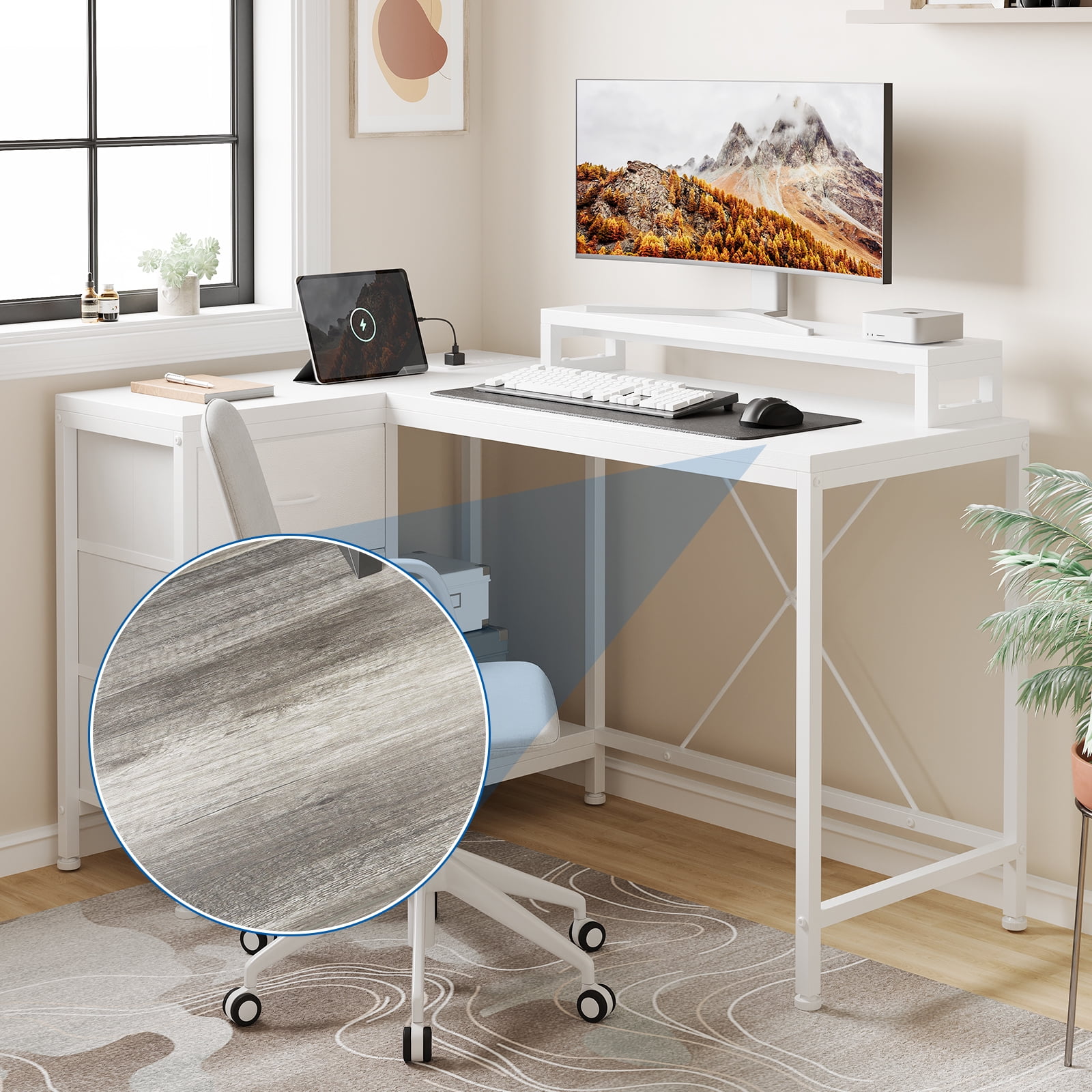 43 Inch Computer Desk With Drawers, L Shaped Desk with Power Outlets and Led Lights, Gaming Desk with Shelves and Monitor Stand