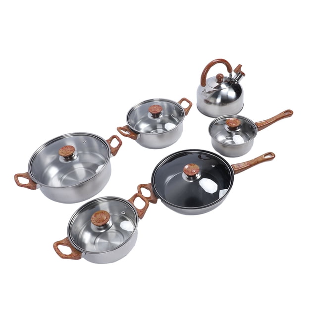 JUEGO DE UTENSILIOS DE COCINA DE ACERO INOXIDABLE, SARTÉN DE COCO COCINA MULTIFUNDAL DE GRANO DE MADERA CON SEGURIDAD PARA USO EN EL HOGAR