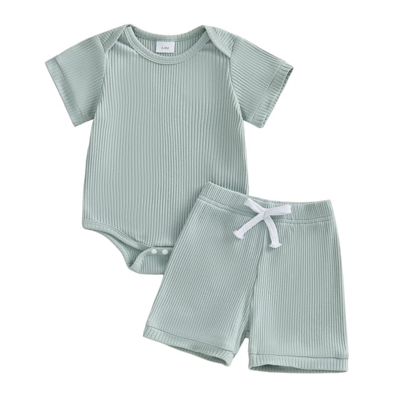 Splozh Baby Boy Girls Toddler Summer Outfit Summer Baby Boy Girl Clothes Set Ribbed Outfits Unisex Solid Short Sleeve Tops Shorts 2PCS Light Green,0-3 Months
