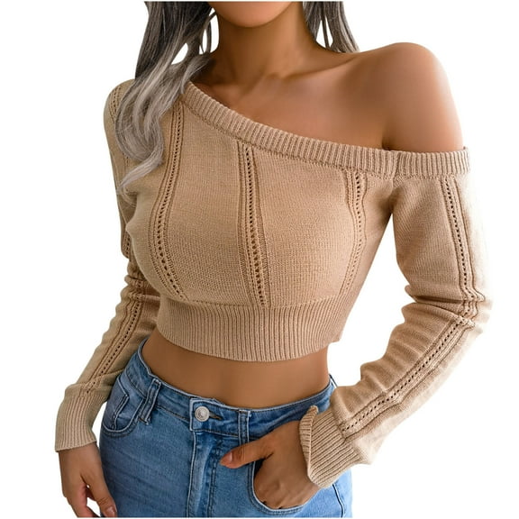 Herrnalise Women's Knitted Crop Tops Fashion Casual Long Sleeve Off Shoulder Knit Round-Neck Sweater Vest Women