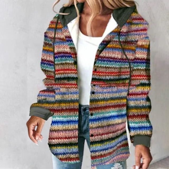 Chaquetas y abrigos casuales con capucha de manga larga para mujer, chaqueta con capucha informal de rayas de colores para otoño e invierno, chaqueta/chaqueta casual con capucha de manga larga, blusa