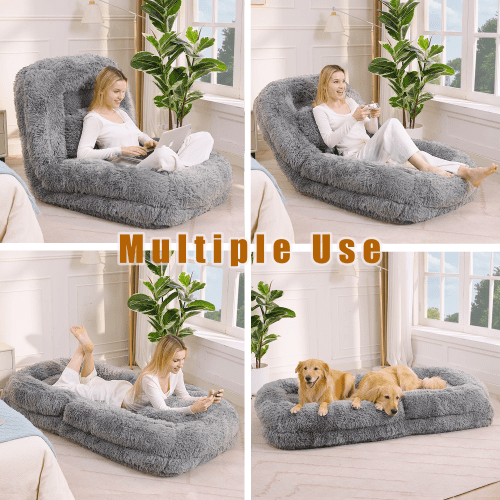 5-Position Adjustable Human Dog Bed, Convertible Floor Sofa & Gaming Chair, Plush Faux Fur Lounger for Bedroom & Living Room, Gray