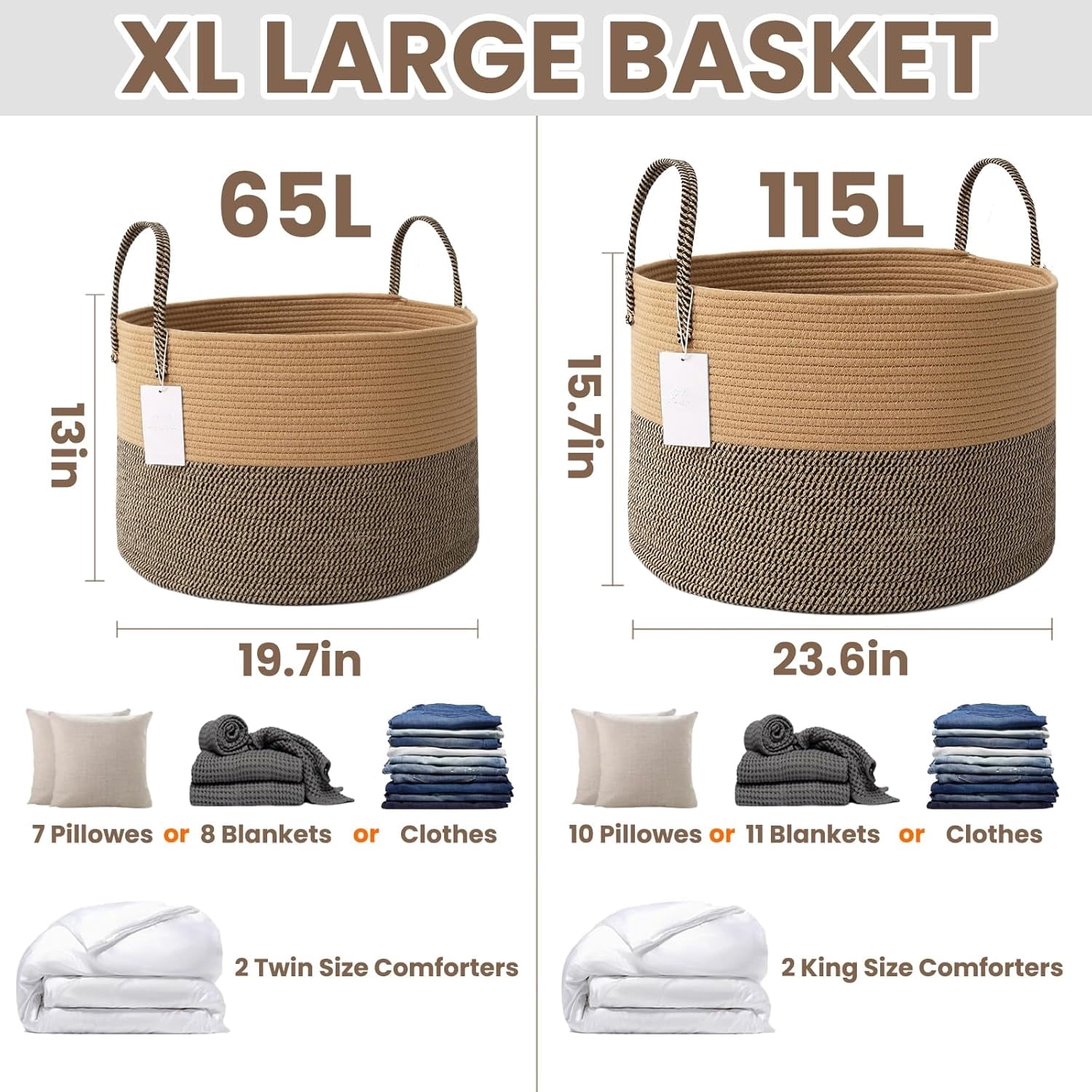 115L Extra Large Oatmeal Woven Cotton Rope Blanket Basket & Laundry Hamper with Reinforced Handles, Machine Washable Storage Bin for Pillows, Comforters & Toys, Perfect for Living Room