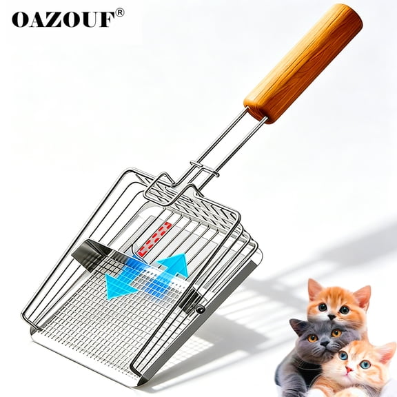 Cat Litter Scoop, Dual-Size Mesh Extended Handle Shovel, Kitty Metal Scooper, Sturdy Mesh Scooper, Silver