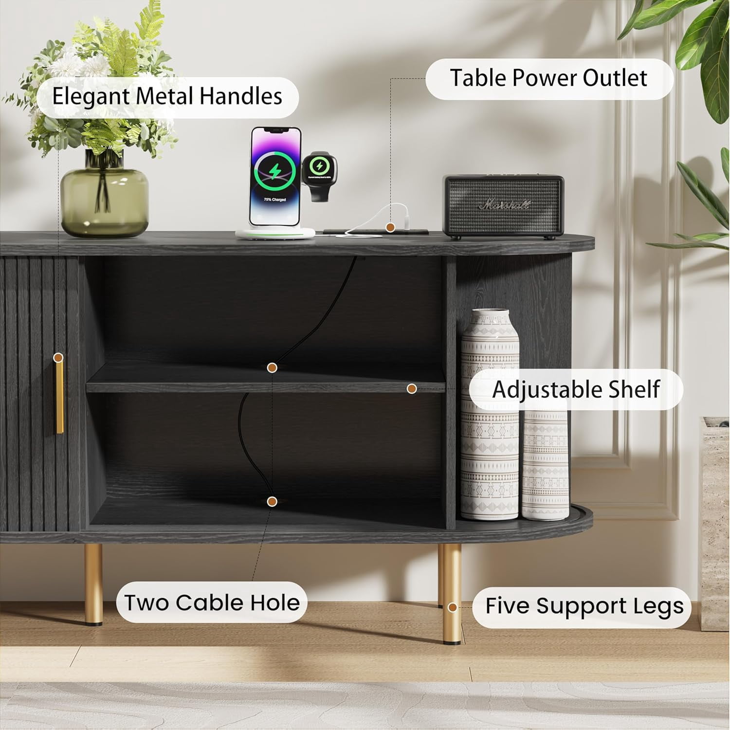 TV Stand with Power Outlet for TVs up to 60 Inch, Modern Entertainment Center with Storage, Adjustable Shelves & Sliding Doors, Media Console for Living Room Bedroom (Black, 55 Inch)