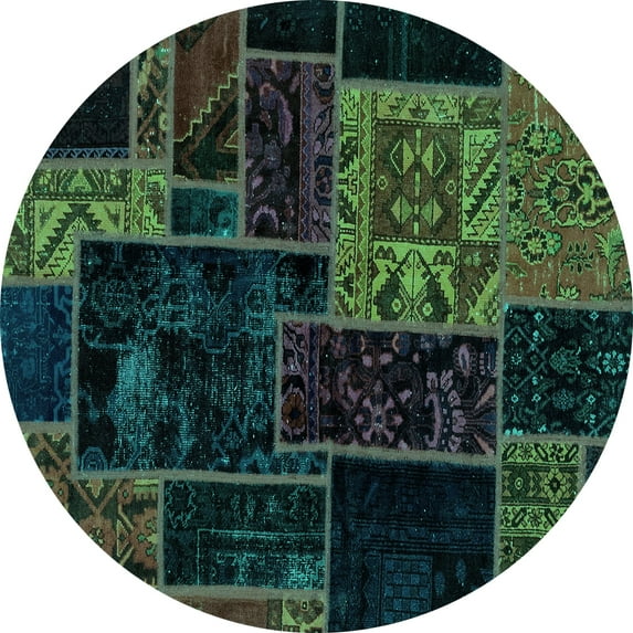 Ahgly Company Indoor Round Patchwork Turquoise Blue Transitional Area Rugs, 7' Round