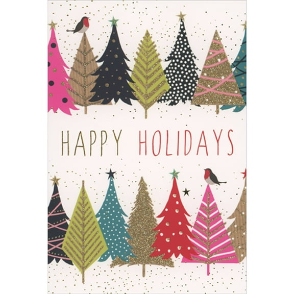Pictura Sparkling Colorful Patterned Trees and Small Birds on White Christmas Card