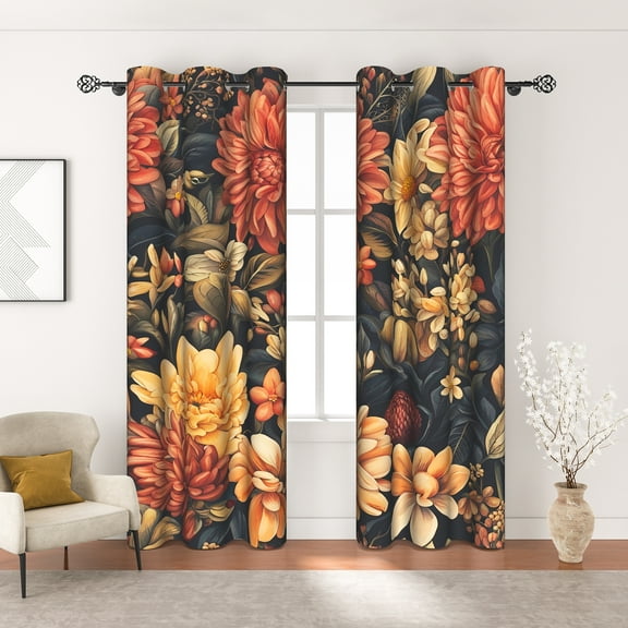 MIZHONA Black Blackout Curtains for Living Room Orange and Yellow Floral Window Curtain Set of 2,42"x84"