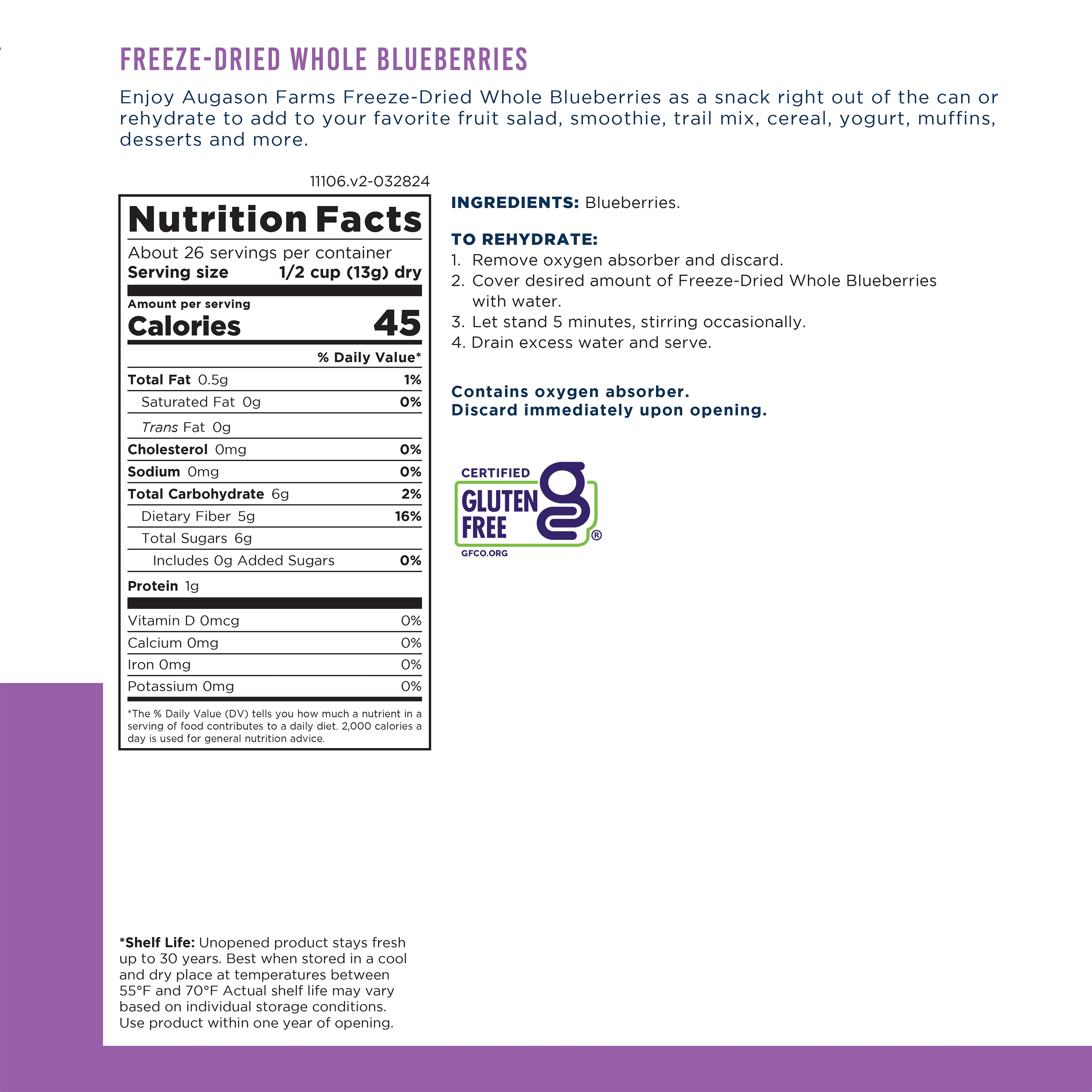 Augason Farms Freeze Dried Whole Blueberries Can – Dried Fruit for Baking & Emergency Food Supply – Freeze-Dried Camping Food with Long Shelf Life for Everyday Meals – 26 Servings