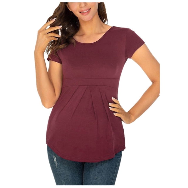Hauts de Maternité, Col Rond à Manches Courtes, Mélange de Coton Doux, Design à Volants Plissés, Port Confortable, Femmes Enceintes, Tenue Décontractée, Hauts Stylés, Tenue Quotidienne, Tissu Respirant, Hauts Tendance, Été