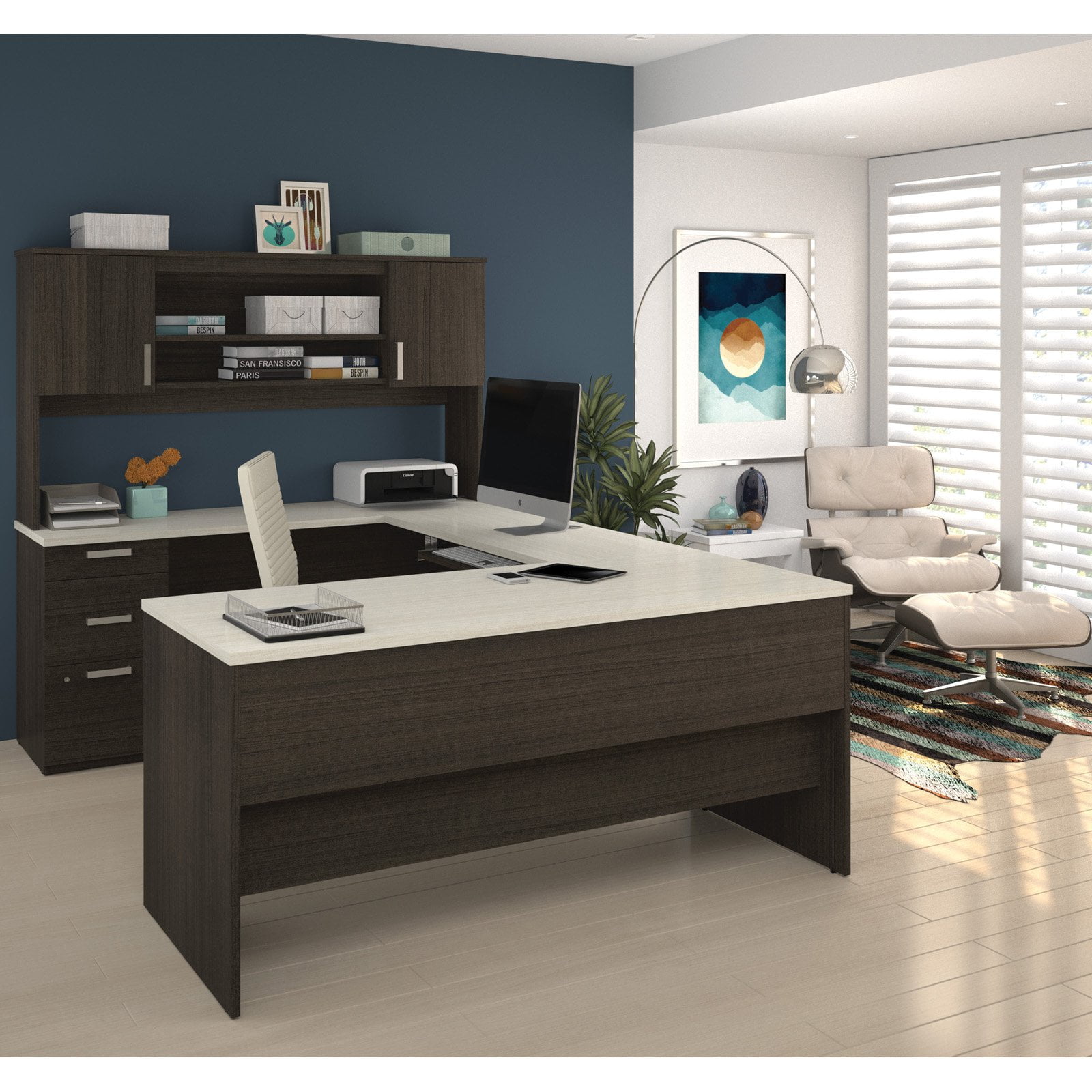 Ridgeley U Shaped Desk In Dark Chocolate White