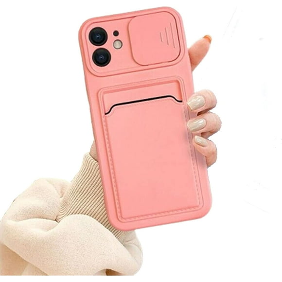 iPhone 12 Case with Card Holder Soft Liquid Silicon Scratch-Resistant Camera Cover Slide Lens Protective Case for Apple iPhone 12