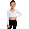 thumbnail image 3 of Haitryli Kids Girls Modern Jazz Ballet Dance Crop Top Long Sleeve Metallic Self-Tie Wrap Tee Silver 110, 3 of 7