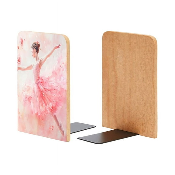 Bookends 1 Pair Non-Skid Bookend Wood Bookends for Shelves Book Stand for CDs - Beautiful Ballerina in Pink Dress
