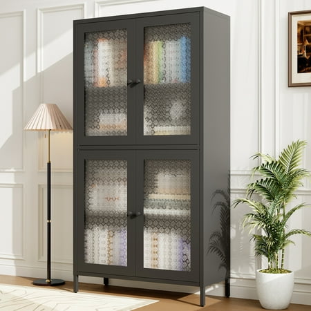 Classic Metal Bookcase With 4 Glass Door Cabinets And Elegant Appearance - Freestanding For Home Office Living Room Kitchen Black Storage Cabinet Sections Black Flair