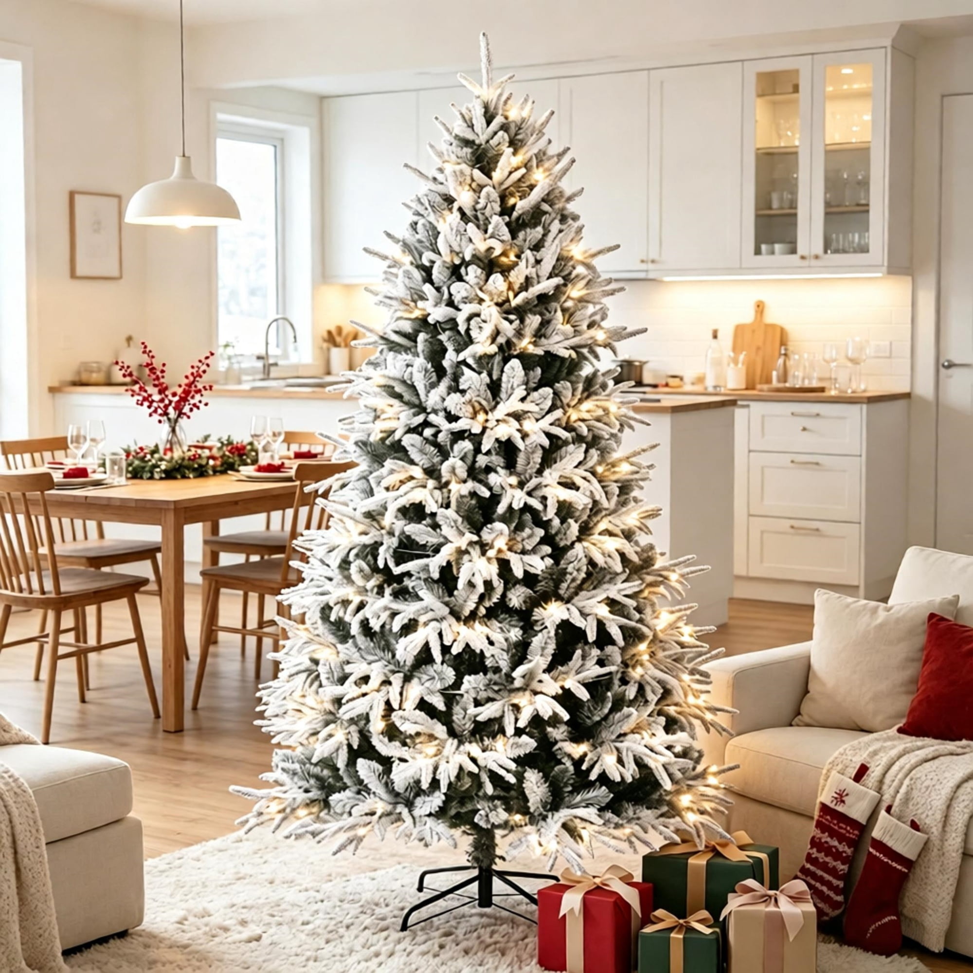 7 ft Pre-Lit Flocked Christmas Tree with 350 Warm White LED Lights, 2679 Tips, Hinged Design, 53.1 in Diameter, Indoor Holiday Decoration