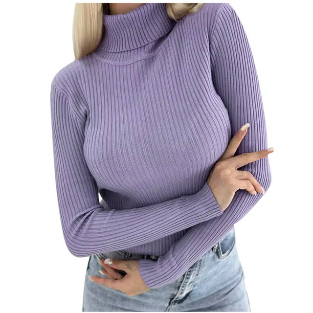Dagegui Chandails à Col Roulé pour Femmes, Tricot Côtelé, Manches Longues, Chandail Extensible Ajusté, Hauts d'Automne, Violet, P