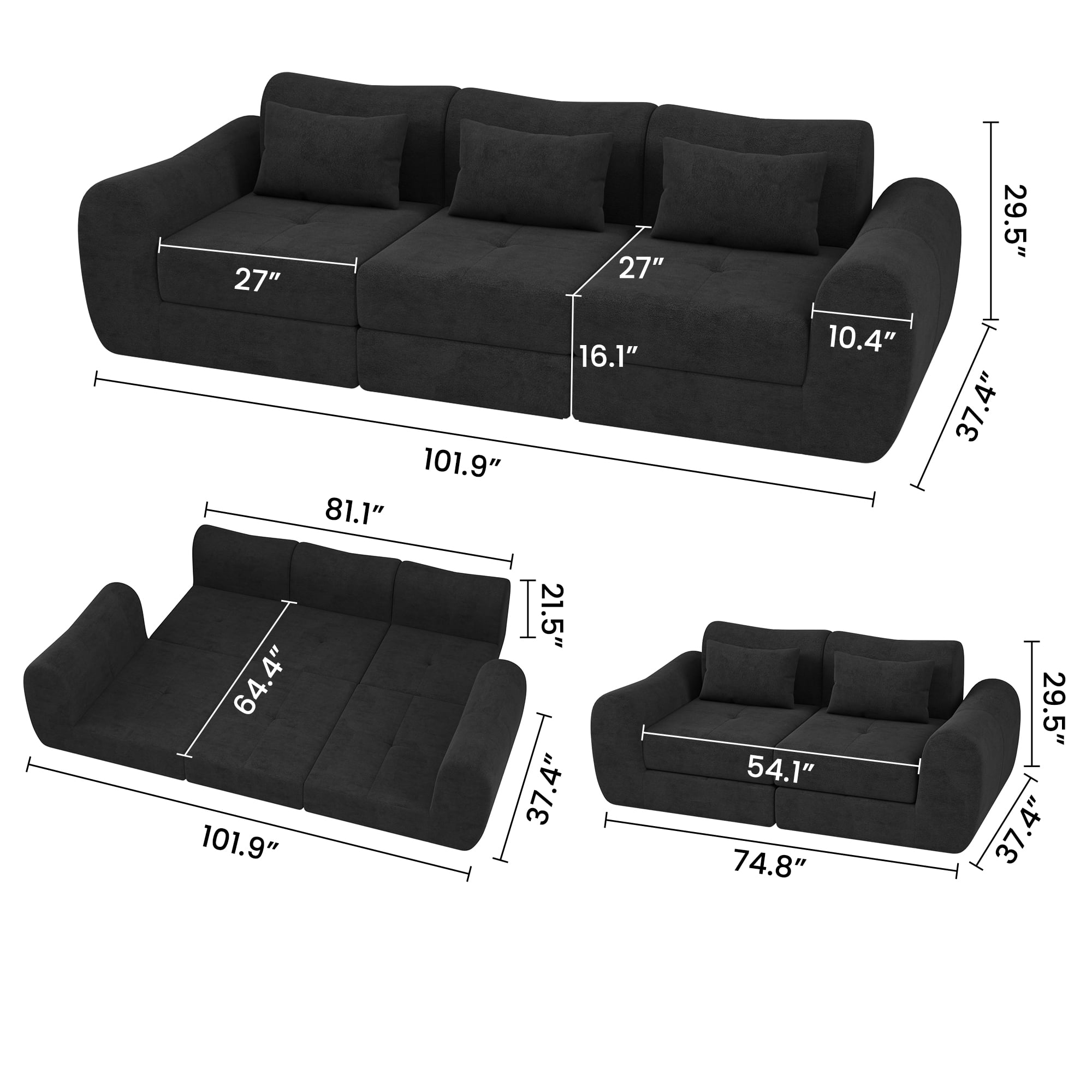 102" Modular Sectional Sofa with Chaise, 4-in-1 Modern Boneless Couch, 3 Seater Sofa with Extra Deep Seats, Folding Convertible Sofa Bed,Suitable for Living Room,Bedroom and Recreation Room (Black)