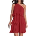 thumbnail image 3 of Women'S Summer Sleeveless Mini Dress Boho One Shoulder Ruffle Tiered Layered Flowy A Line Dresses Red L, 3 of 9