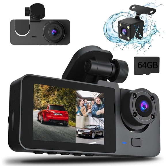 4K Full UHD Dual Dash Camera (Front & Rear) - 64GB Card Included, Super Night Vision, 24H Parking Mode, 170 °   Wide Angle for Cars