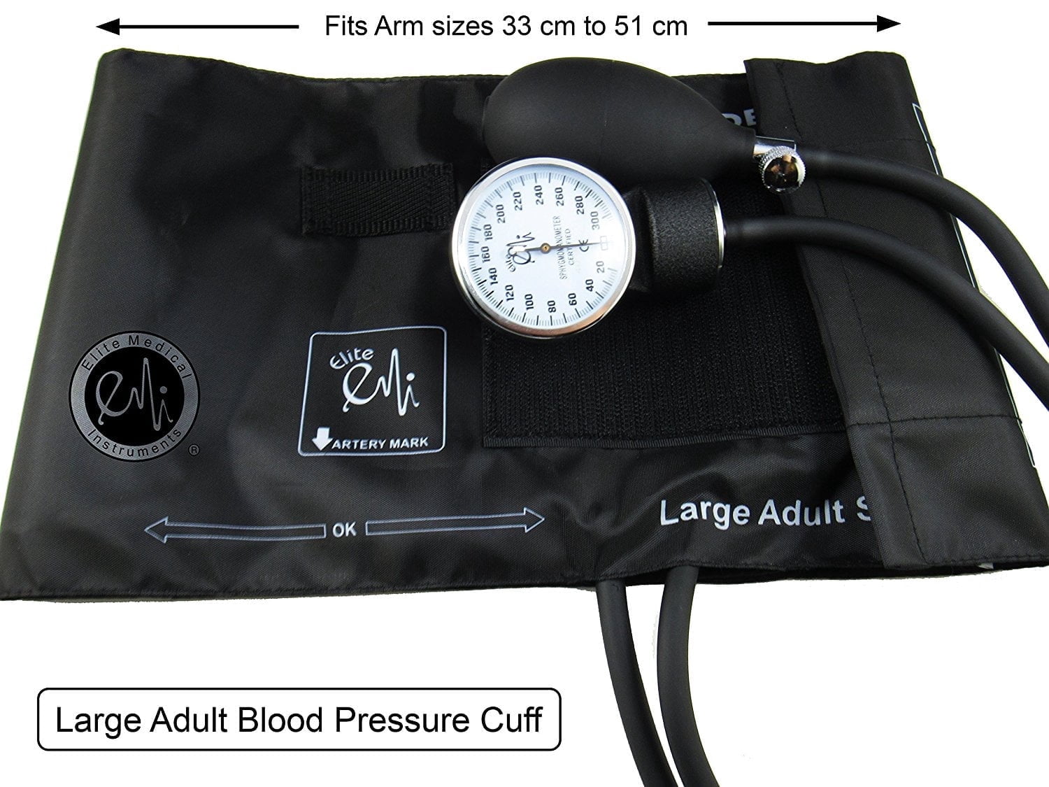 EMI Large Adult Black Manual Blood Pressure Cuff with Aneroid Sphygmomanometer & Case