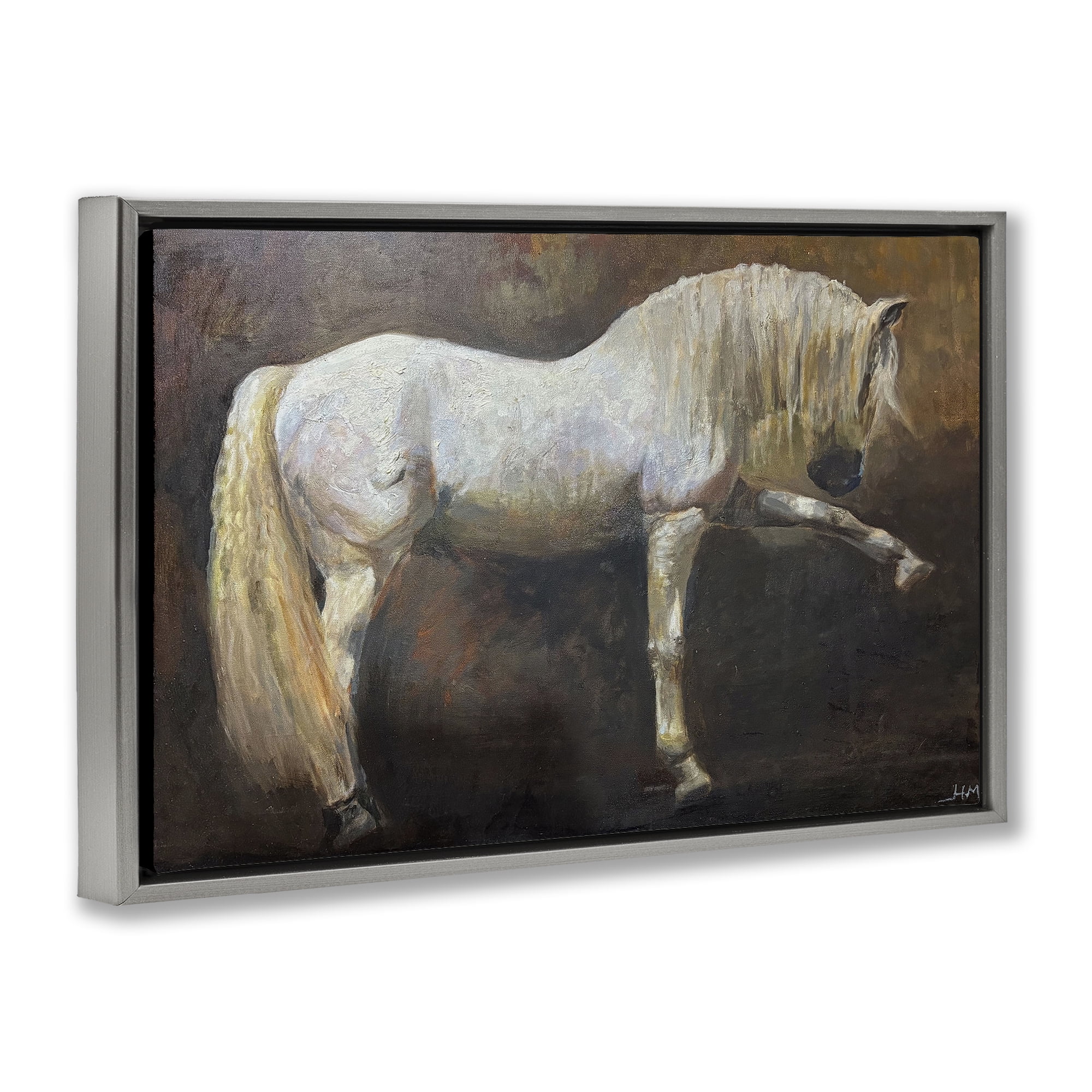 Stupell Industries Elegant White Stallion in Motion Gray Framed Floater Canvas Wall Art, design by Hilary McCarthy