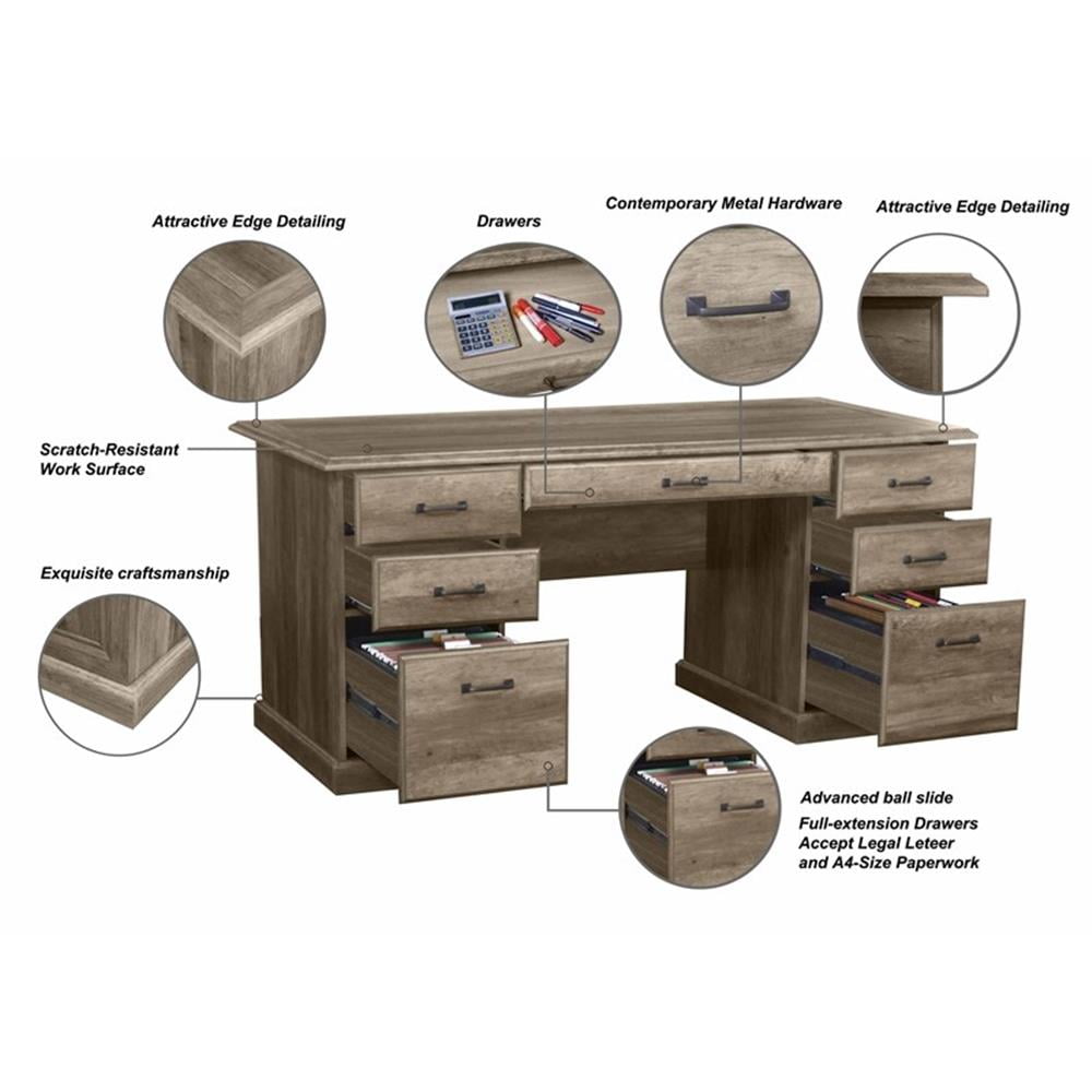 Pemberly Row Contemporary 65" Executive Desks in Rustic Oak Finish