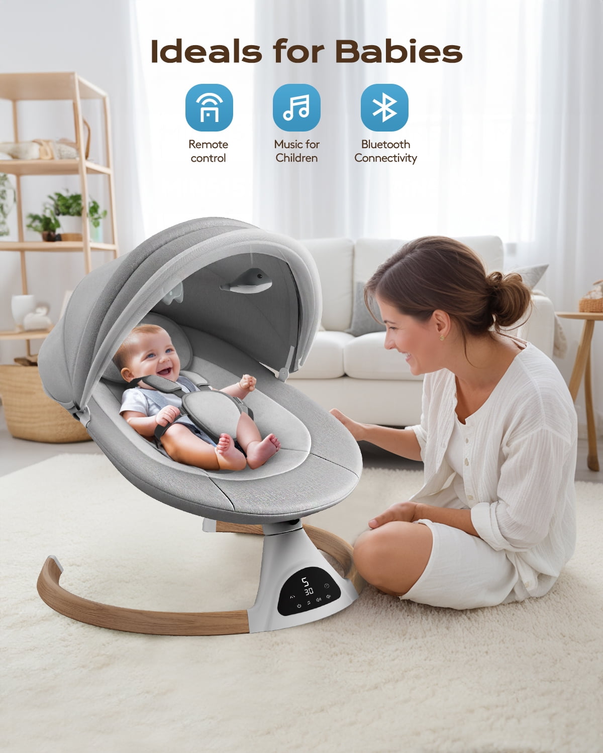 Babyomi Baby Swing for Infant, Electric Bluetooth Swing Rocker with 5 Sway Speeds& 10 nursery rhyme , Gray