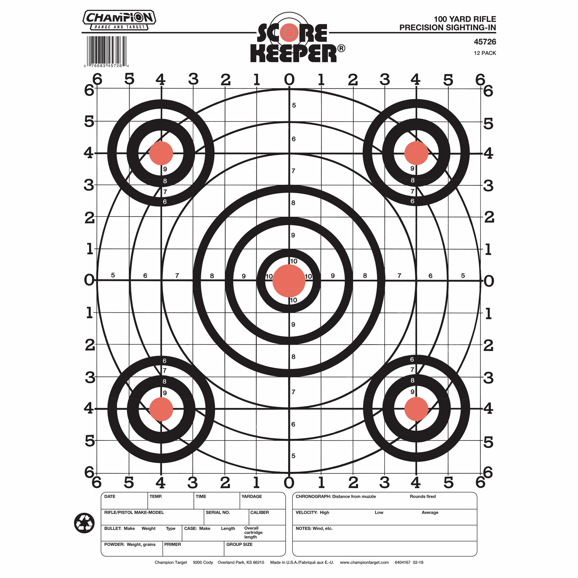 Champion Range and Target Score Keeper 100-yard Sight-in Rifle Targets, 12