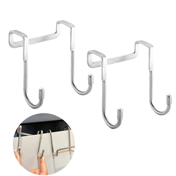 2Pcs Silver Cabinet Door Hooks, Multifunctional Double S-Shaped Over Door Hanging Hooks, No Drill Cabinet Hangers for Drawers, Pantry, Closet Doors, Kitchen Utensils, Handbags, Towels and Keys