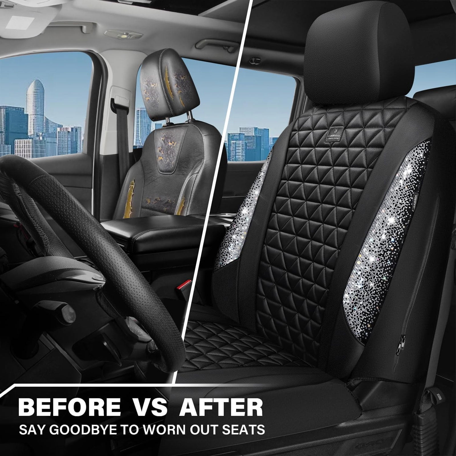 CAR GRAND Bling diamond leather automotive seat covers front pair water proof shining glitter sparkly crystal rhinestone universal armrest fit girl woman lady silver