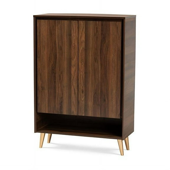 Landen Mid-Century Modern Walnut Brown and Gold Finished Wood 2-Door Entryway Shoe storage Cabinet