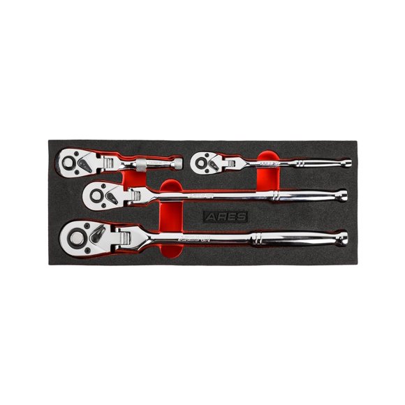 ARES 42040 - Flex Head Ratchet Set - 4-Piece 72-Tooth Ratchets - Premium Chrome Vanadium Steel Construction &amp; Chrome Plated Finish - Quick Release Reversible Design with 5 Degree Swing